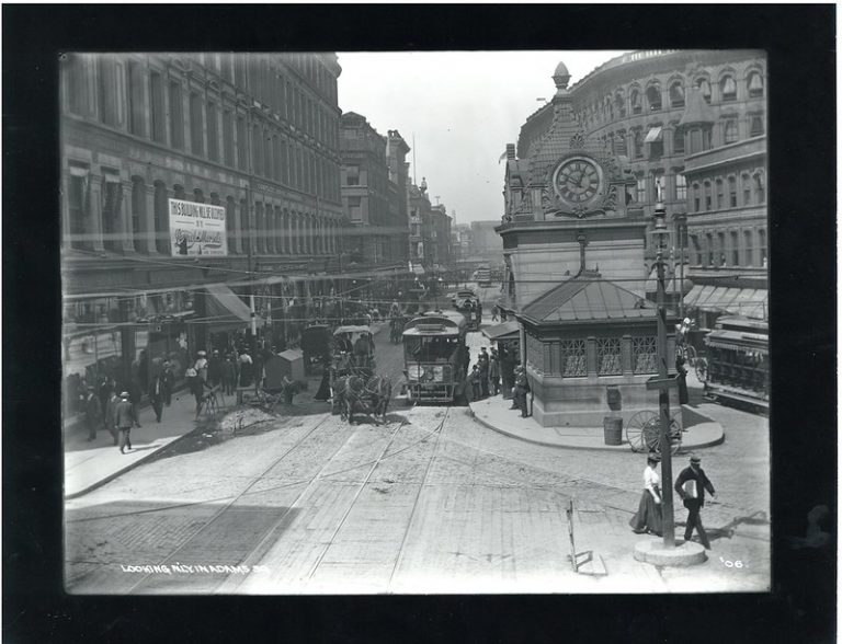 Looking northerly in Adams Square, 1906, Transit Department photograph collection