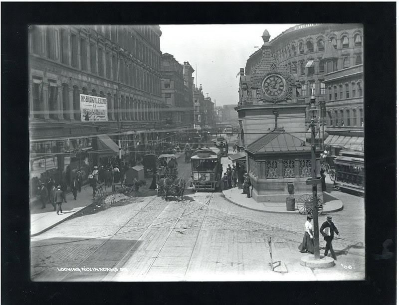 Looking northerly in Adams Square, 1906, Transit Department photograph collection