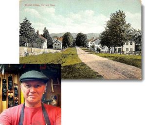 Ned Quist and a colored postcard view of the Harvard Shaker Village